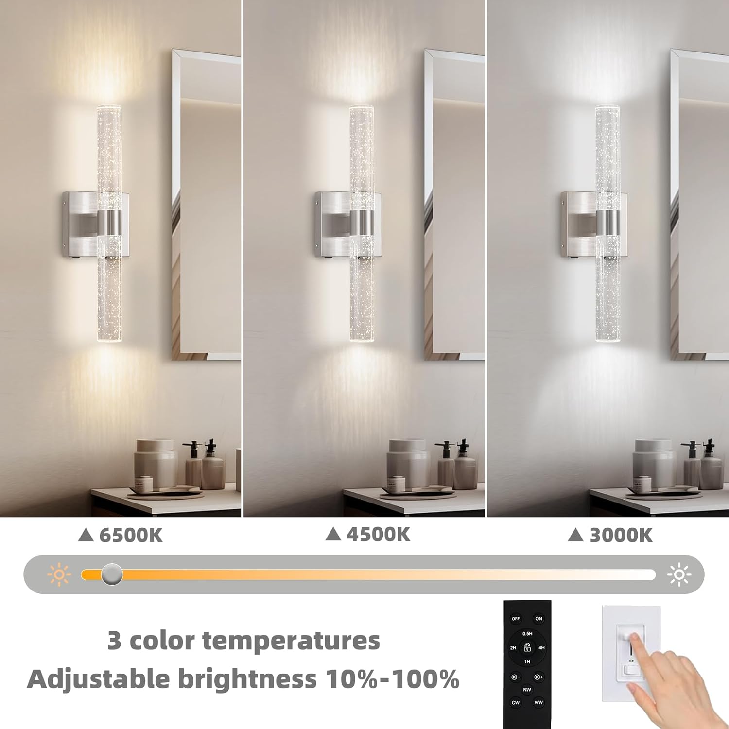 Battery Operated Crystal Wall Sconce 2-Pack Rechargeable Modern Vanity LED Light Fixtures, 3000K-6000K Dimmable Wireless Wall Lights for Bathroom Bedroom Living Room Hallway