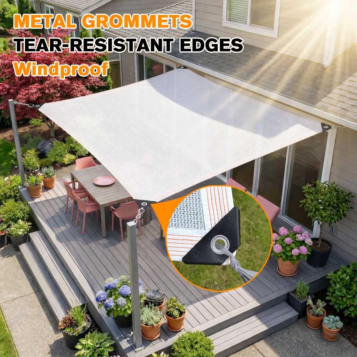 Oddychający biały 50% ochrona przed promieniowaniem UV, ogród, słońce i żagiel, odporny na warunki atmosferyczne, siatkowy baldachim z oczkami, do patio, balkonu, basenu, podwórka, tunelu foliowego (4