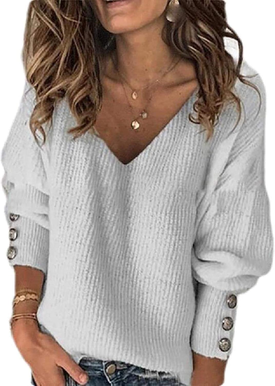 Women Sweater Solid Loose Fit Knitted Casual VNeck Pullover Sweater
