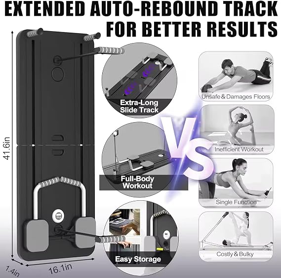 Foldable Pilates Reformer Set Multifuctional Pilates Board at Home, Automatic Rebound Ab Roller Exercise Wheel Abdominal Exercise Fitness Equipment for Full Body Workout black1