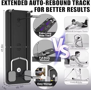 Foldable Pilates Reformer Set Multifuctional Pilates Board at Home, Automatic Rebound Ab Roller Exercise Wheel Abdominal Exercise Fitness Equipment for Full Body Workout black1