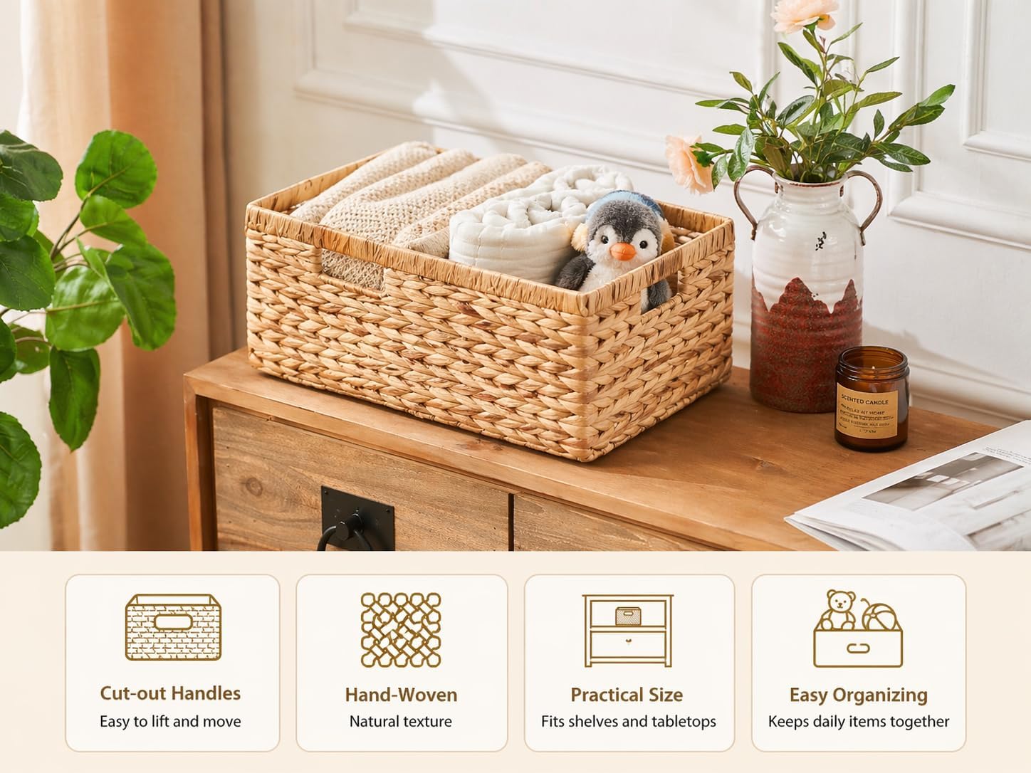 Wicker Storage Basket, Water Hyacinth Storage Baskets for Organizing, Rectangular Wicker Storage Baskets for Shelves, Medium Wicker Basket with Built-in Handles, Natural(14.17"x10.24"x6.69")