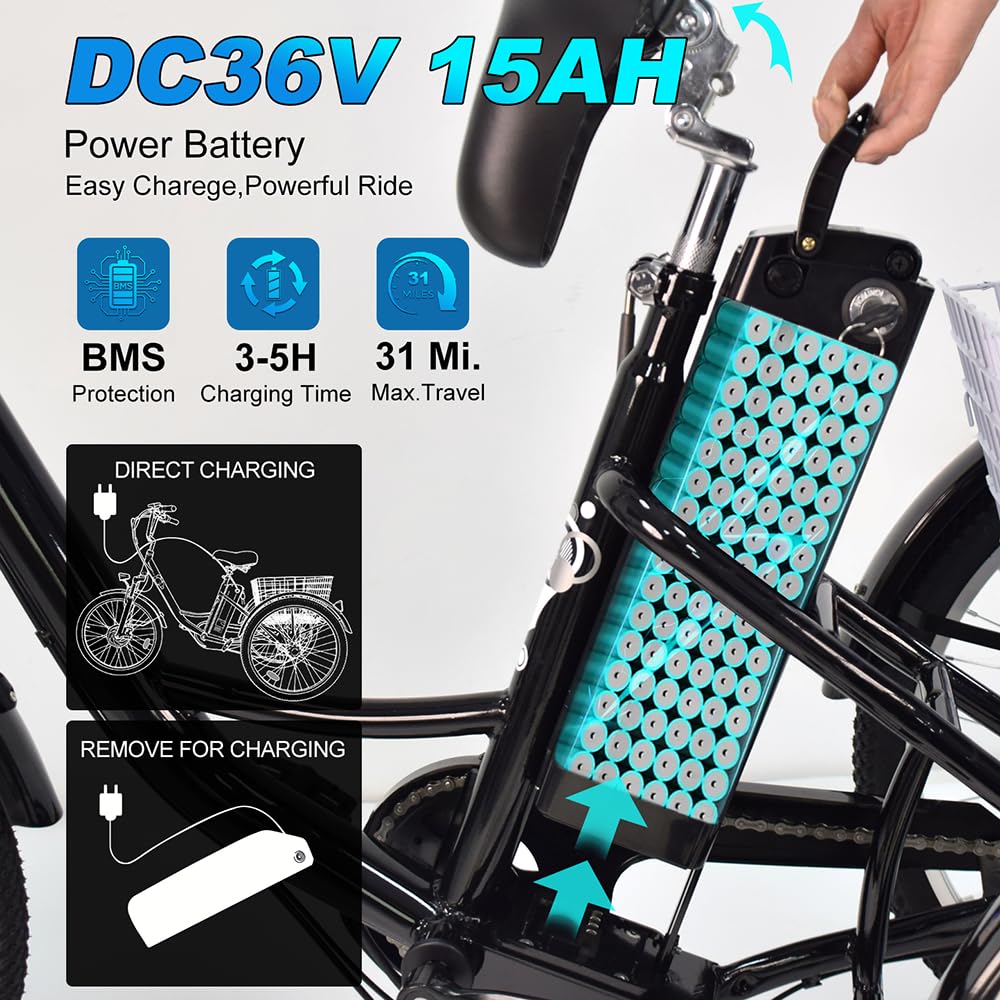 Triciclo eléctrico para adultos M300 Batería extraíble de 36 V 15 Ah Neumáticos antideslizantes y resistentes al desgaste de 24 x 2,125 pulgadas Triciclo de camping Triciclo de transporte para