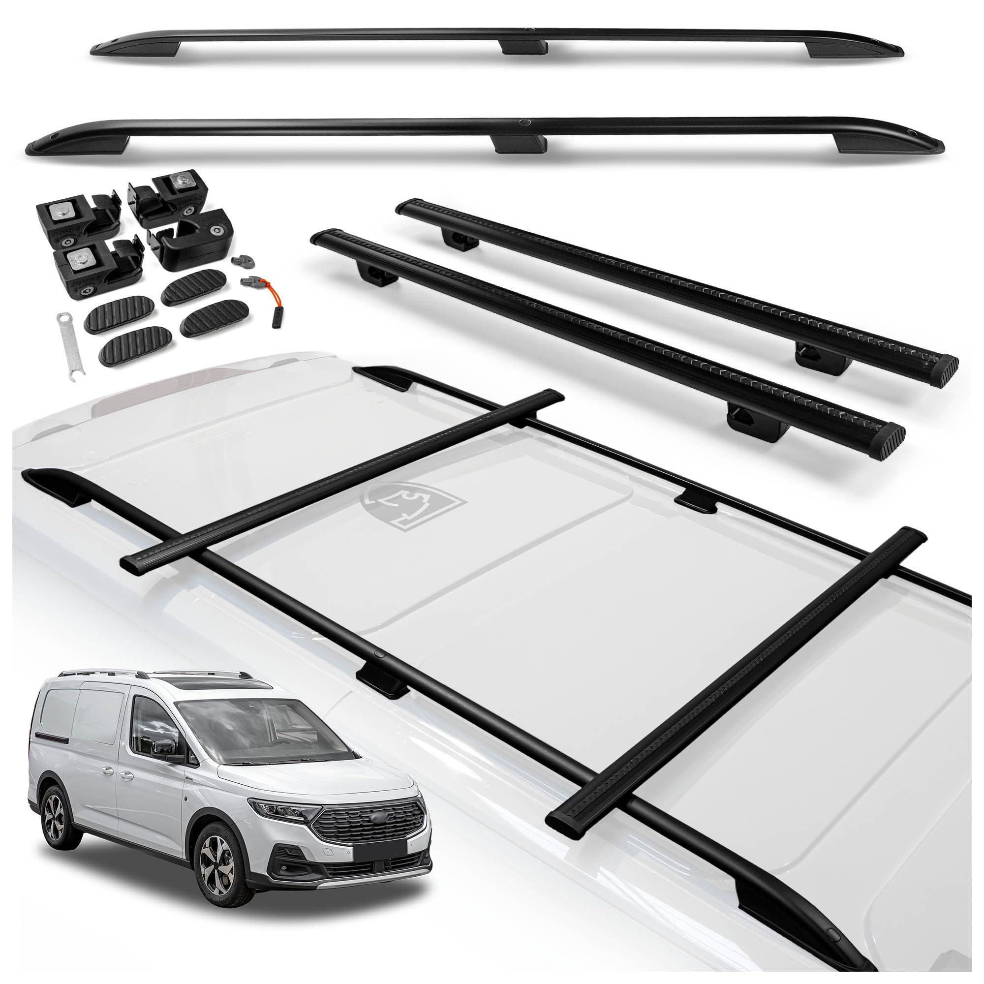 CHROMEMASTER | Barras de Techo y Portaequipajes de Techo Compatible con Ford Grand Transit Connect L2 Largo 2024+ | Kit Específico para Transporte de Carga y Equipaje en el Techo del Coche | Aluminio