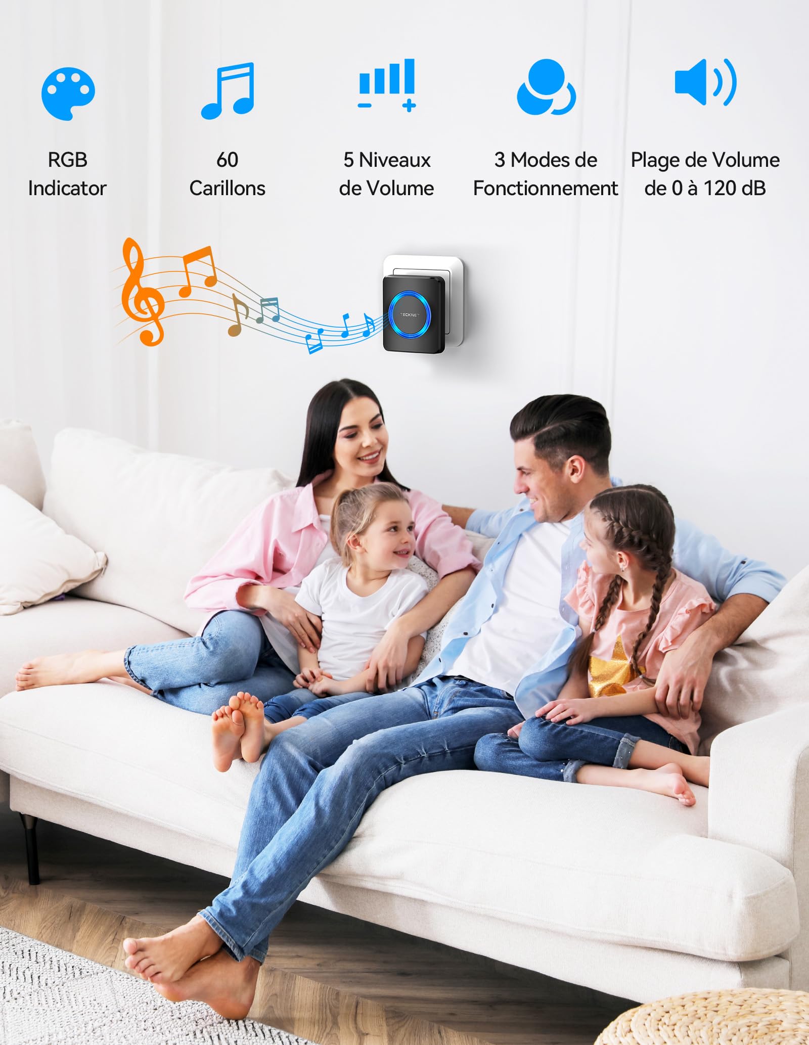 TECKNET Sonnette sans Fil Exterieur Etanche, Sonnette sans Fil Portée 600m, Kit de Sonnette avec 1 Récepteur Enfichable et 2 émetteurs, Indicateur RVB, 60 Mélodies, 5 Niveaux de Volume