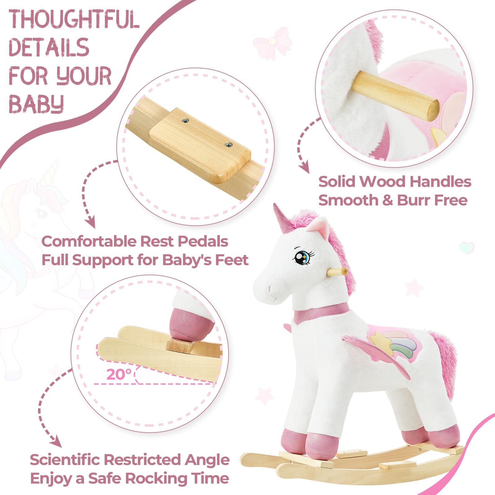 FUNLIO Cavallo a dondolo unicorno per neonati, Cavallo a dondolo unicorno fatata arcobaleno per bambini 1-3 anni, Animale a dondolo imbottito, Facile da assemblare, Certificato CPC – Piccolo