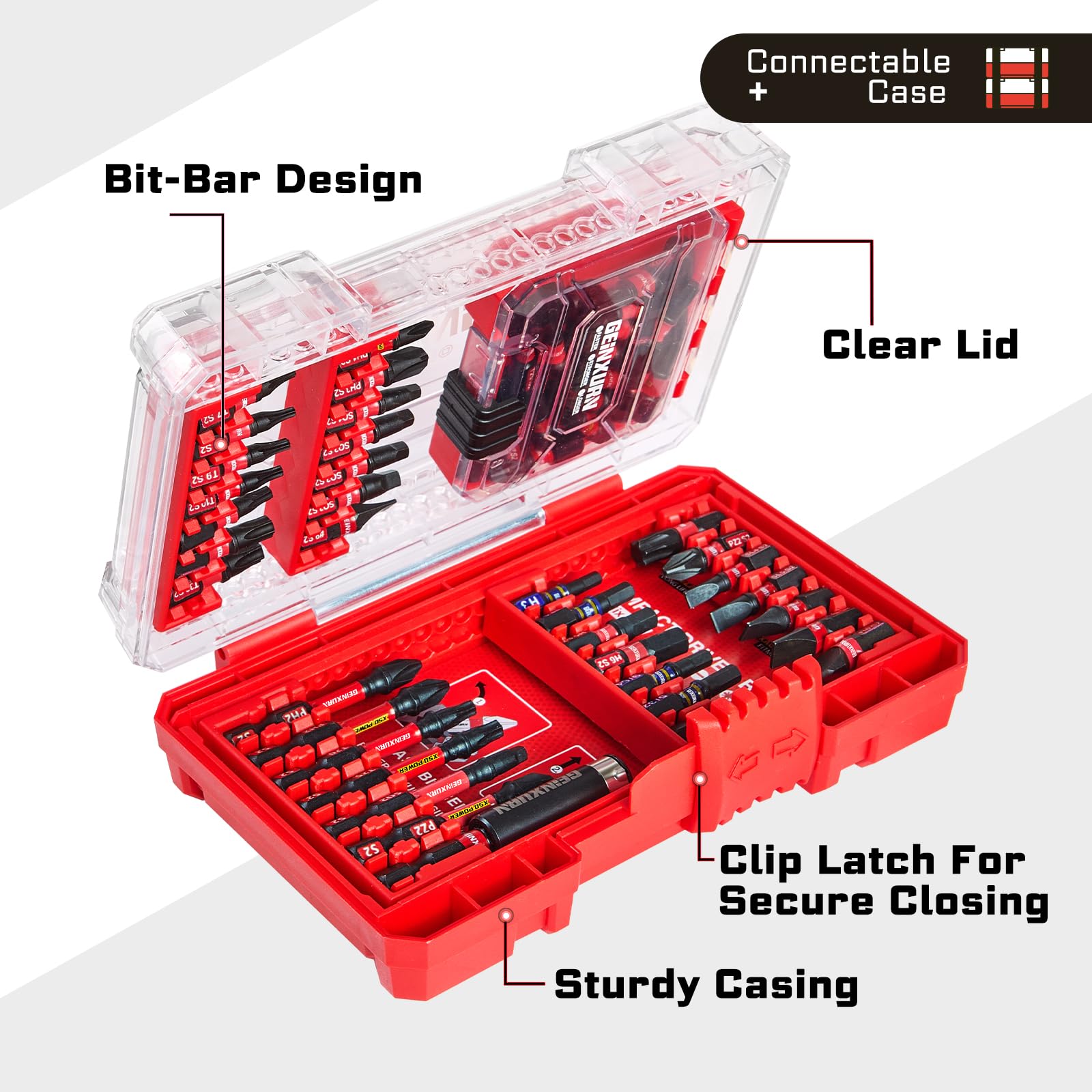 Geinxurn Juego de 65 puntas de destornillador de impacto, puntas magnéticas de acero S2 Phillips/ranuradas/cuadradas/torx, soporte de brocas de impacto con caja de almacenamiento roja