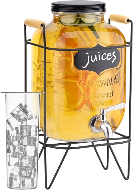 Navaris Distributeur De Boisson En Verre - Fontaine 5,6L Avec Robinet Couvercle En Liège Et Anse - Carafe Eau Boissons Froides Et Chaudes