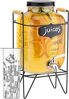 Navaris Dispensador de Bebidas con Grifo - Recipiente de Vidrio de 5 L con infusor Frutas y Tubo de Hielo - Botella de Cristal con Base y Cierre Giratorio - Garrafa con dosificador