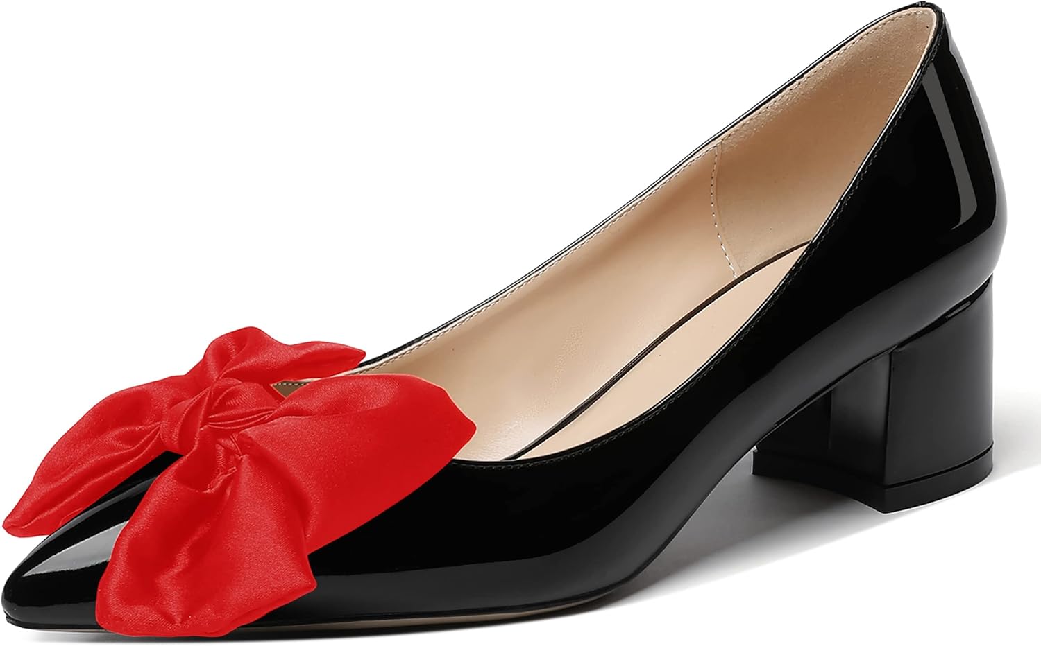 WAYDERNS Women's Slip On Pointed Toe Patent Bow Decoration Chunky Low Heel Pumps Shoes 2 Inch