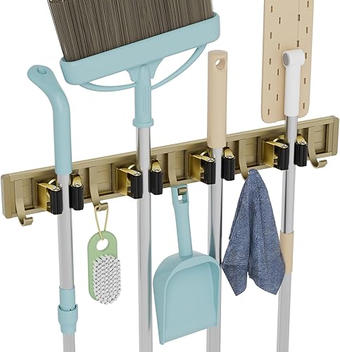 Miniatura 11 de reliahom Paquete de 2 soportes para escobas de montaje en pared, colgador de escoba y trapeador de pared, estante de almacenamiento de garaje