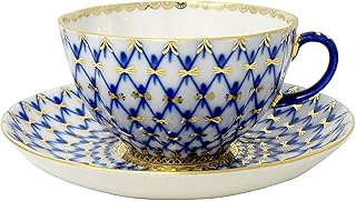 Lomonosov Porcelain Tulip Cobalt Net Tea Cup and Saucer Set 8.45 oz/250 ml