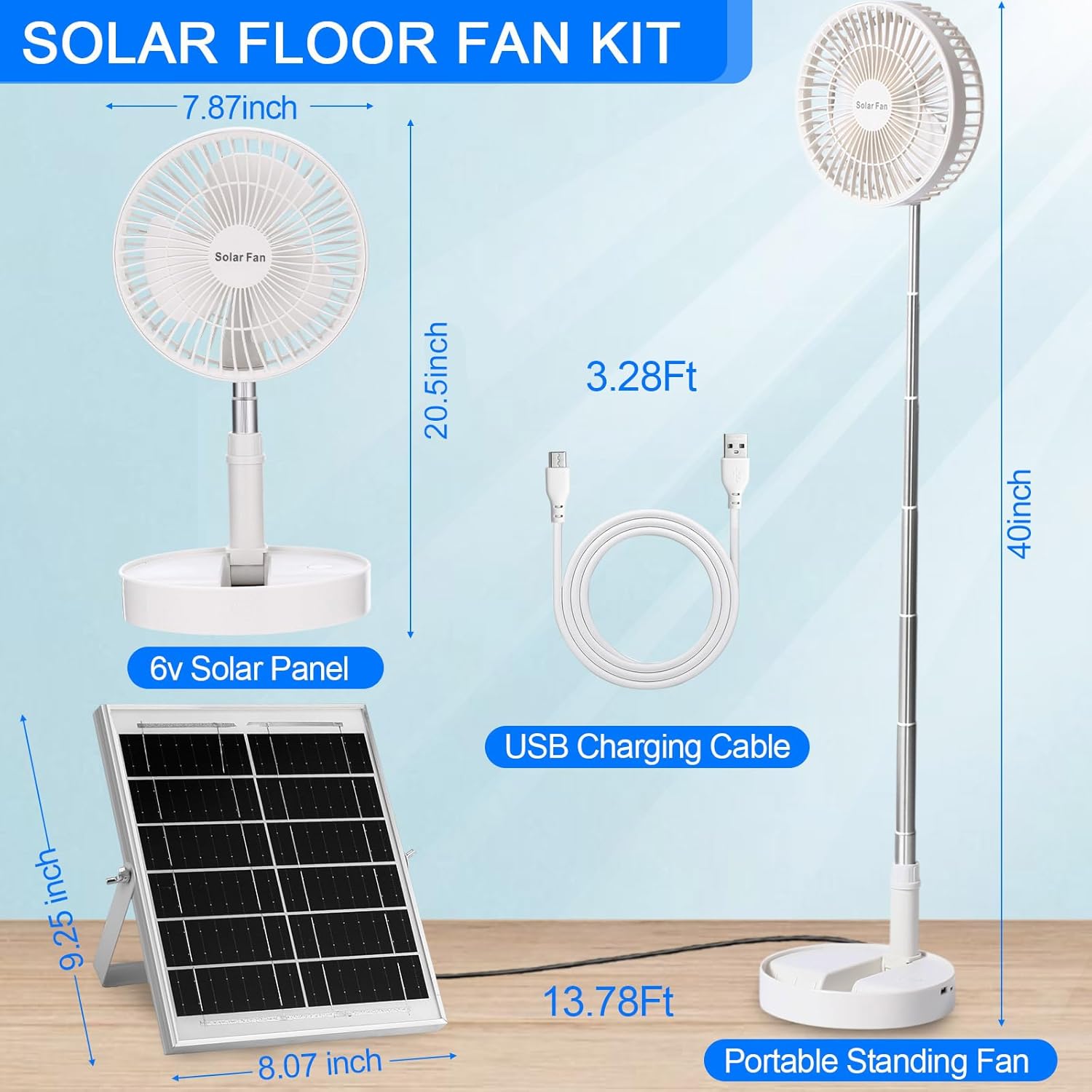 Solar Battery-operated Portable Standing Fan with Solar Panel, 8" Rechargeable USB Telescopic Foldable Pedestal Desk Fan, 5200mah Battery, Adjustable Height, 3 Speeds, for Bedroom Home