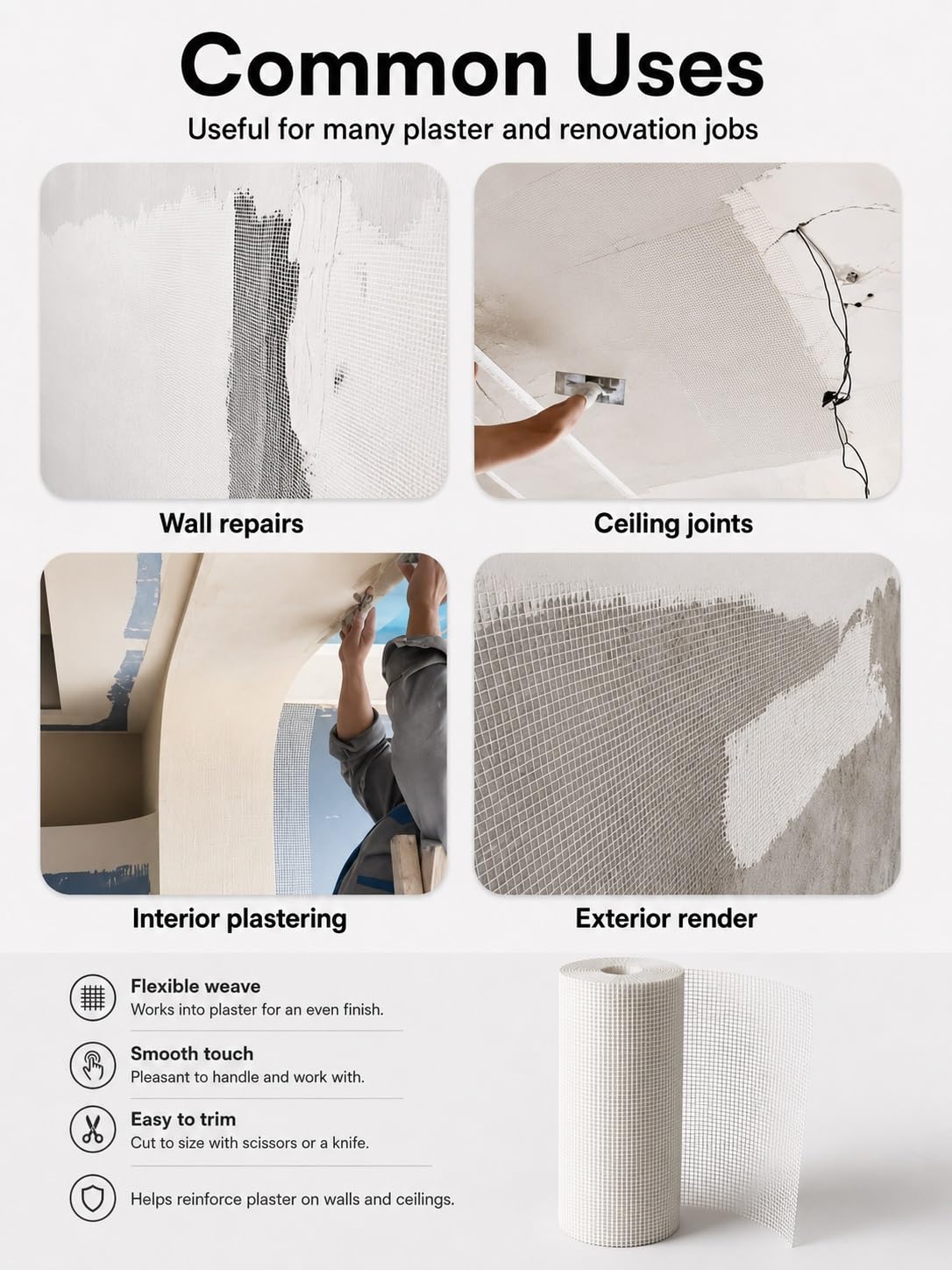 Rollo de malla de fibra de vidrio para enlucido, red de refuerzo de pared, tela de malla para reparación de grietas, techo, paneles de yeso y trabajos de construcción, resistente a los alcalinos, alta