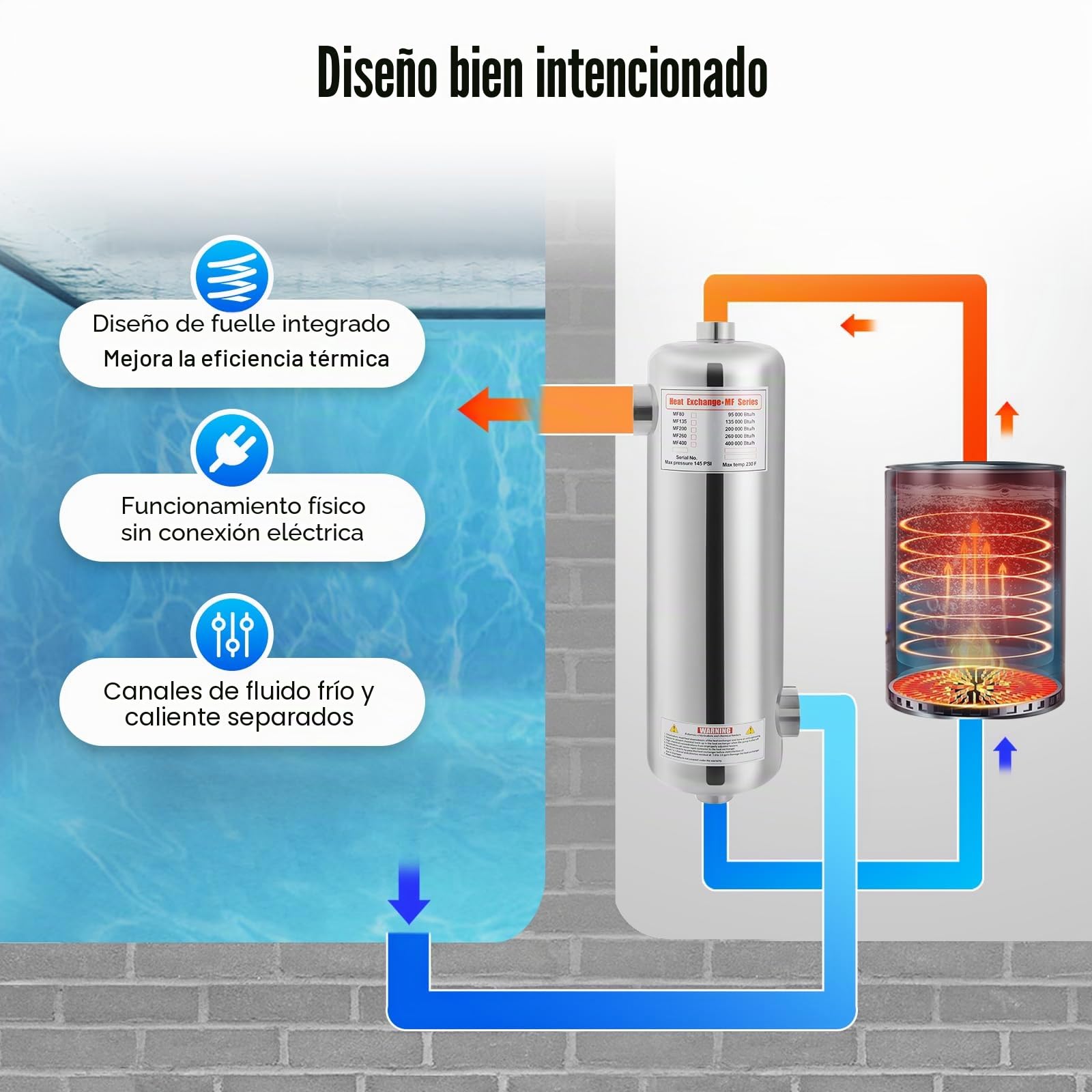 Intercambiador de calor de piscina de acero inoxidable, intercambiador de calor para piscina, 60 kW, calefacción de 30 l/min, flujo de agua caliente, calentador de piscina para piscinas