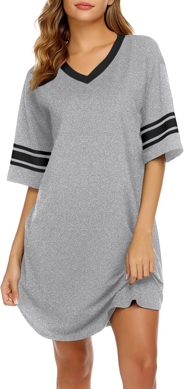 Ekouaer Nightgowns for Women Bamboo Viscose Nightgown Short Sleeve Sleep Shirts V Neck Nightshirt Soft Sleepwear