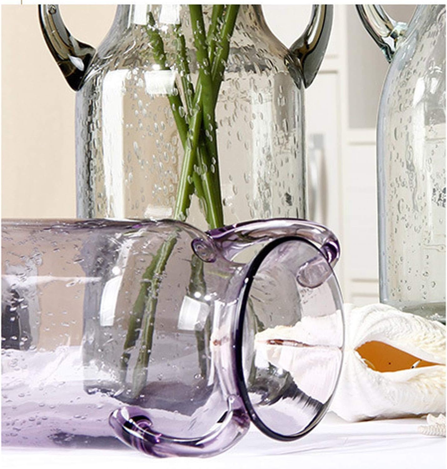 Small Clear Glass Vase with Double Ear and Decorative Handmade Filler Bubbles, (Blue, Purple, Grey, Green) Colorful Flower Vases for Decor(Purple-Small)