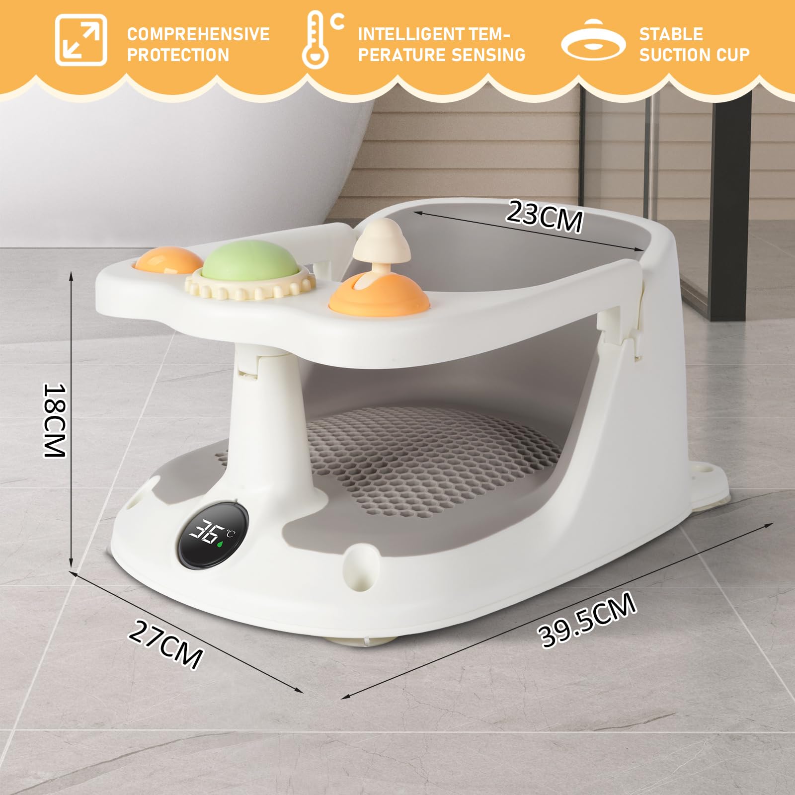 Vinteky Baby Badesitz Badewannensitz Sitzhilfe grau, Ab 6 Monate, Rutschfeste und hoher Sitzkomfort 360° Rundumschutz, mit Activity-Board&Temperaturfühler&4-starken Saugnäpfen