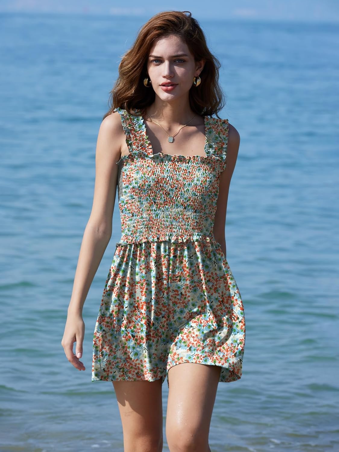 DEEP SELF Women Summer Sleeveless Romper Square Collar Ruffle Straps Flowy Short Jumpsuit with Pockets - Image 5