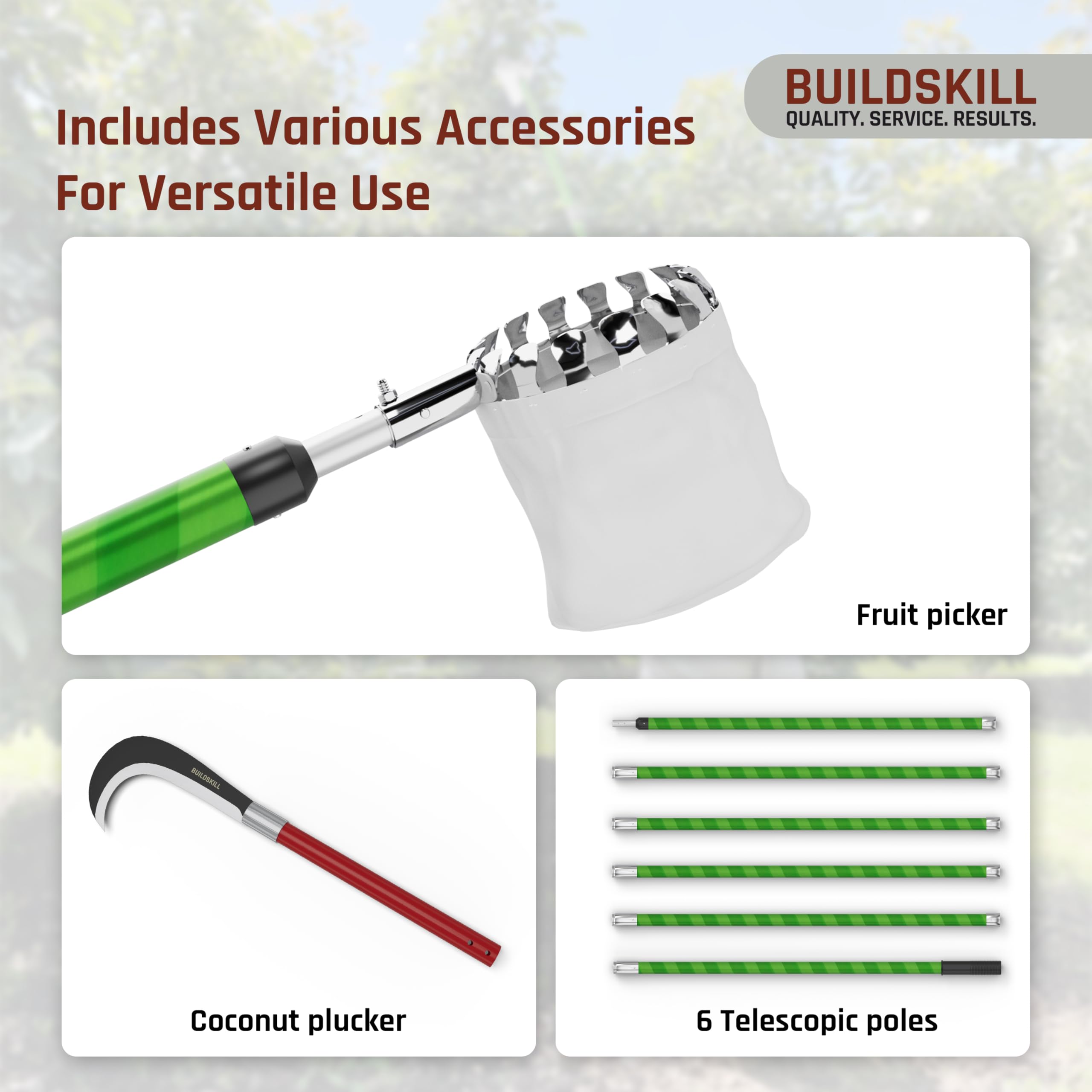 BUILDSKILL 24 Ft Telescopic Coconut Plucker with Pole - Shock Proof | Adjustable Height 8-24 ft | Includes Fruit Picker | Lightweight & Durable Fiber Glass Construction - Easy Assembly - Image 3 thumbnail