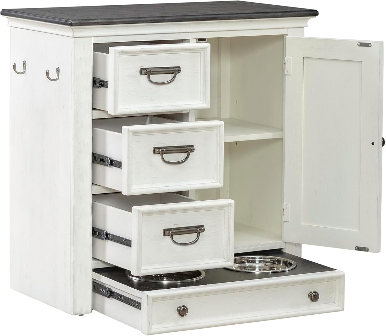 Liberty Furniture Allyson Park Pet Feeder Cabinet Cottage Home Storage Raised Pet Food Bowl Drawer - Wirebrushed White w/Charcoal Tops