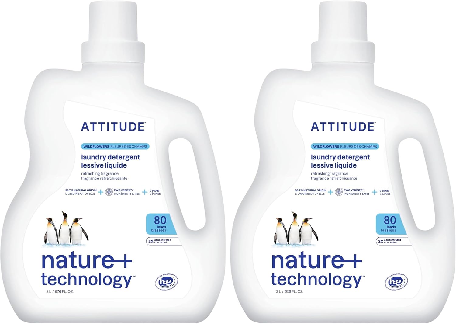 ATTITUDE Liquid Laundry Detergent,EWG Verified,HE Compatible,Plant-Based & Vegan,Natural Laundry Soap,Wildflowers,80 Loads,67.6 Fl Oz,(Pack of 2)
