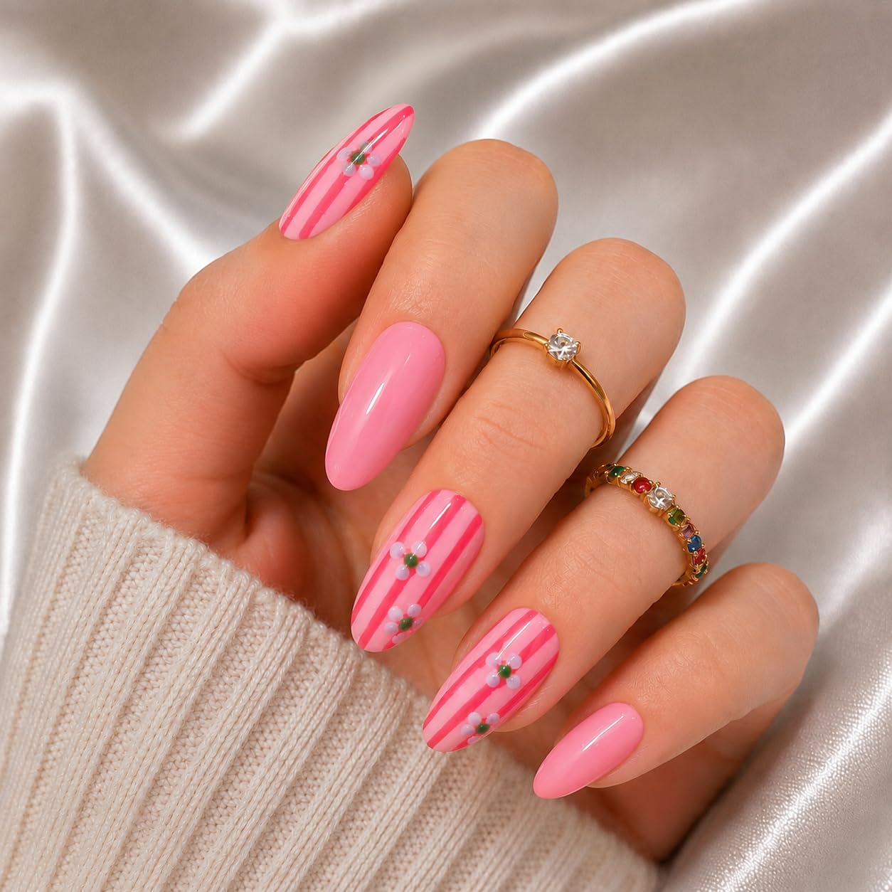 JESCO Press On Nails for Women, 20 Pcs Reusable Artificial Nails, Pink Floral Medium Almond Shape, Striped Pattern with Glue Sticker,Filer & Stick, Perfect for Party, Wedding, Festival & Daily Wear-image-6
