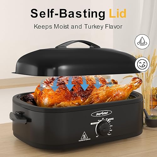 Miniatura 7 de Sunvivi Horno asador eléctrico de 14 cuartos de galón con tapa autohilvanado, horno asador de pavo con sartén y estante extraíbles, acero