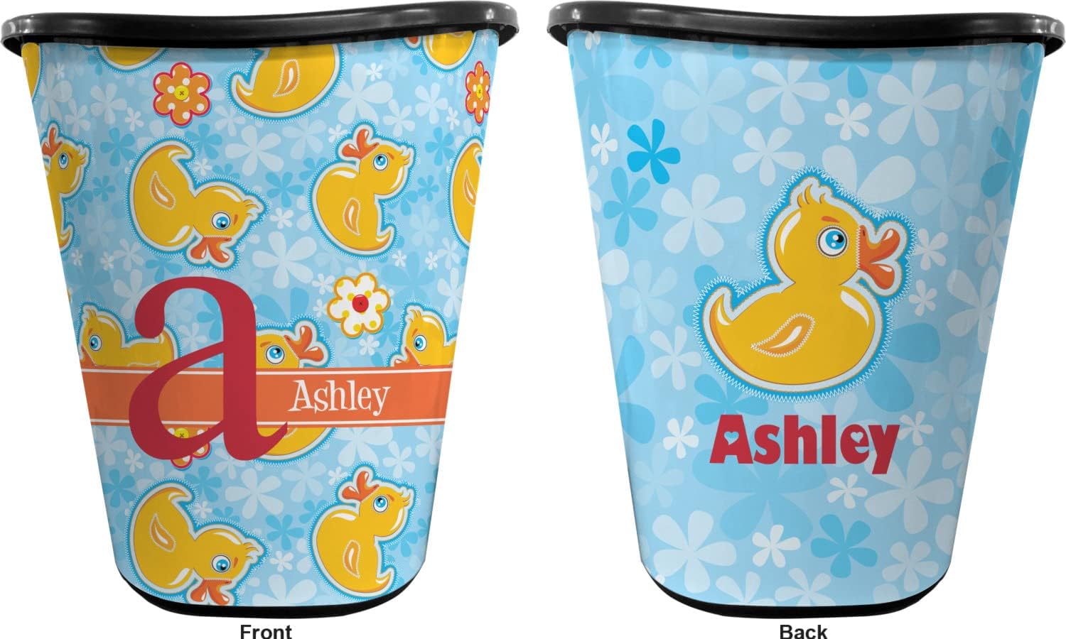 Personalized Rubber Duckies & Flowers Waste Basket - Double Sided (Black)