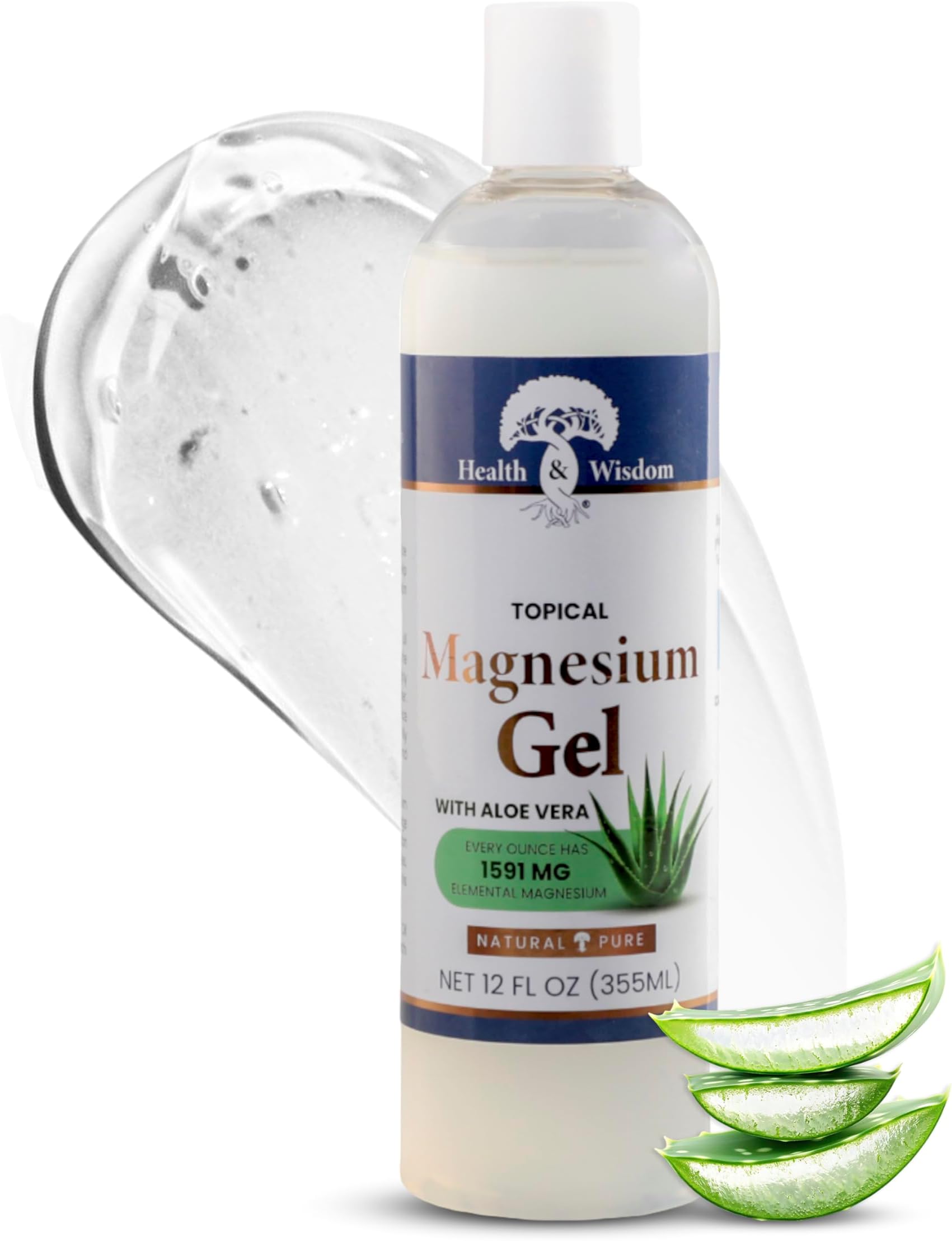 Health & Wisdom Pure Magnesium Gel with Seaweed Extract and Aloe Vera - USP Grade Topical Muscle & Joint Relief- Natural and Pure Skin & Scalp Moisturizing - Enhanced Absorption - 12 oz