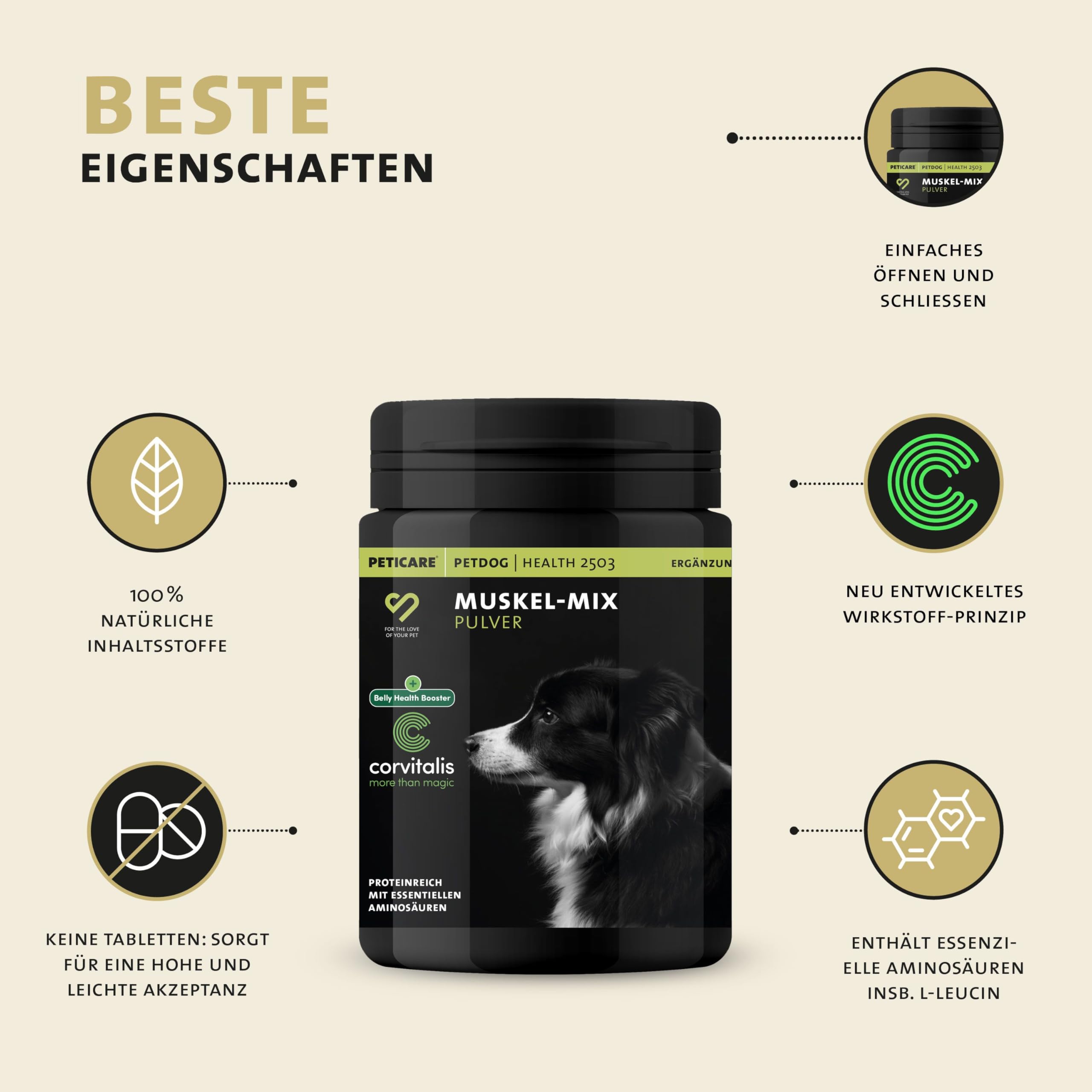 Peticare Muskulatur & Aktiv Pulver-Mix für Hunde | Ergänzungsfuttermittel mit Collagen & Aminosäuren | Unterstützung für Beweglichkeit & Vitalität | für aktive Hunde & Senioren | petDog Health 2503