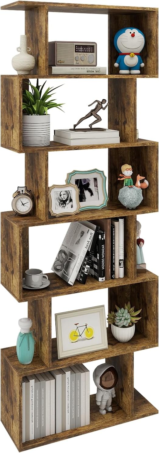 6-Tier Geometric Bookcase, Wood S Shaped Bookshelf, Modern Book Shelves with Anti-Tipping Kits, Standing Home Display Book Shelf Room Divider Bookshelves, Tall Book Case for Living Room Office