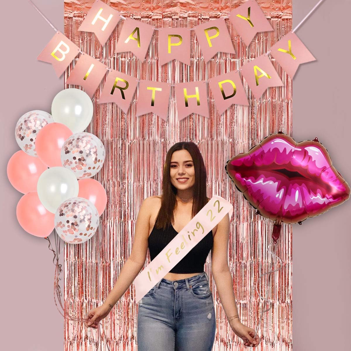 Fangleland 22nd Birthday Party Decorations Rose Gold Feeling 22 Birthday Decorations for Her Women with I'm Feeling 22 Sash Cake Topper Fringe Curtains Feelin 22 Balloons - Image 5