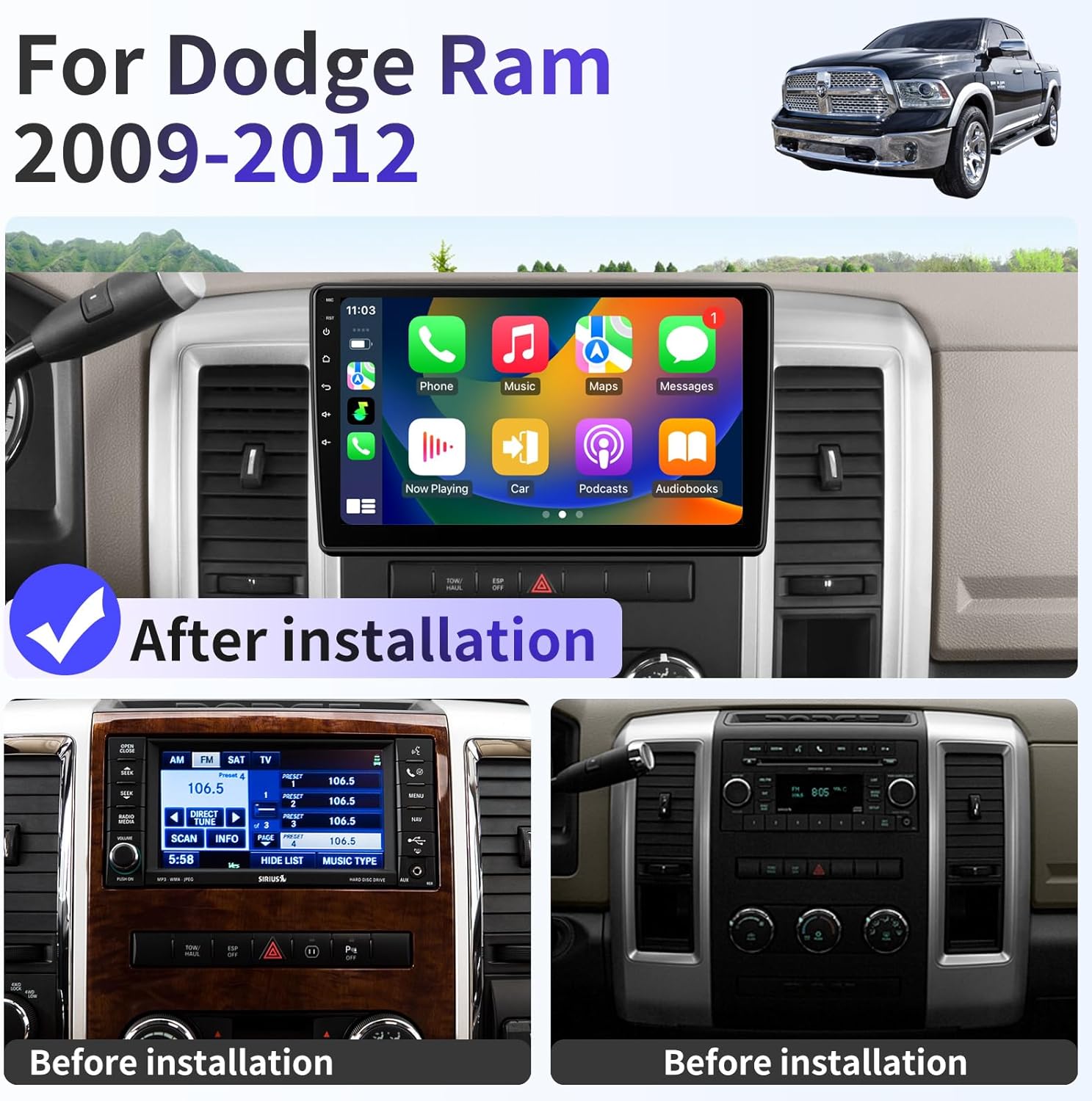 Before and after installation comparison of the car radio in a Dodge Ram dashboard.