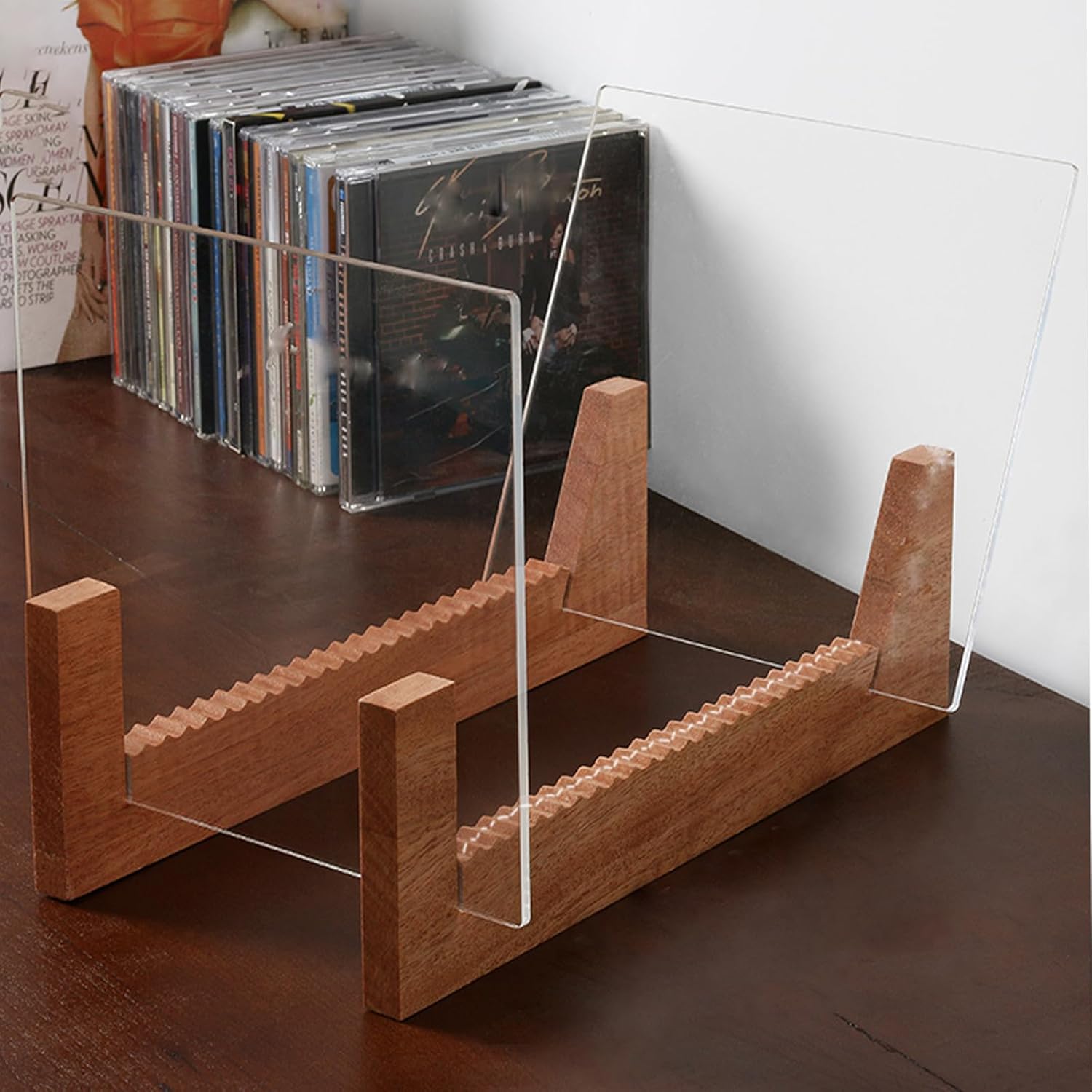 Wood Vinyl Record Storage Holder Vinyl IP Records Stand Album Storage Organizer Display Stand Rack Holds Up to About 15 Albums DVDs CDs (Brown)