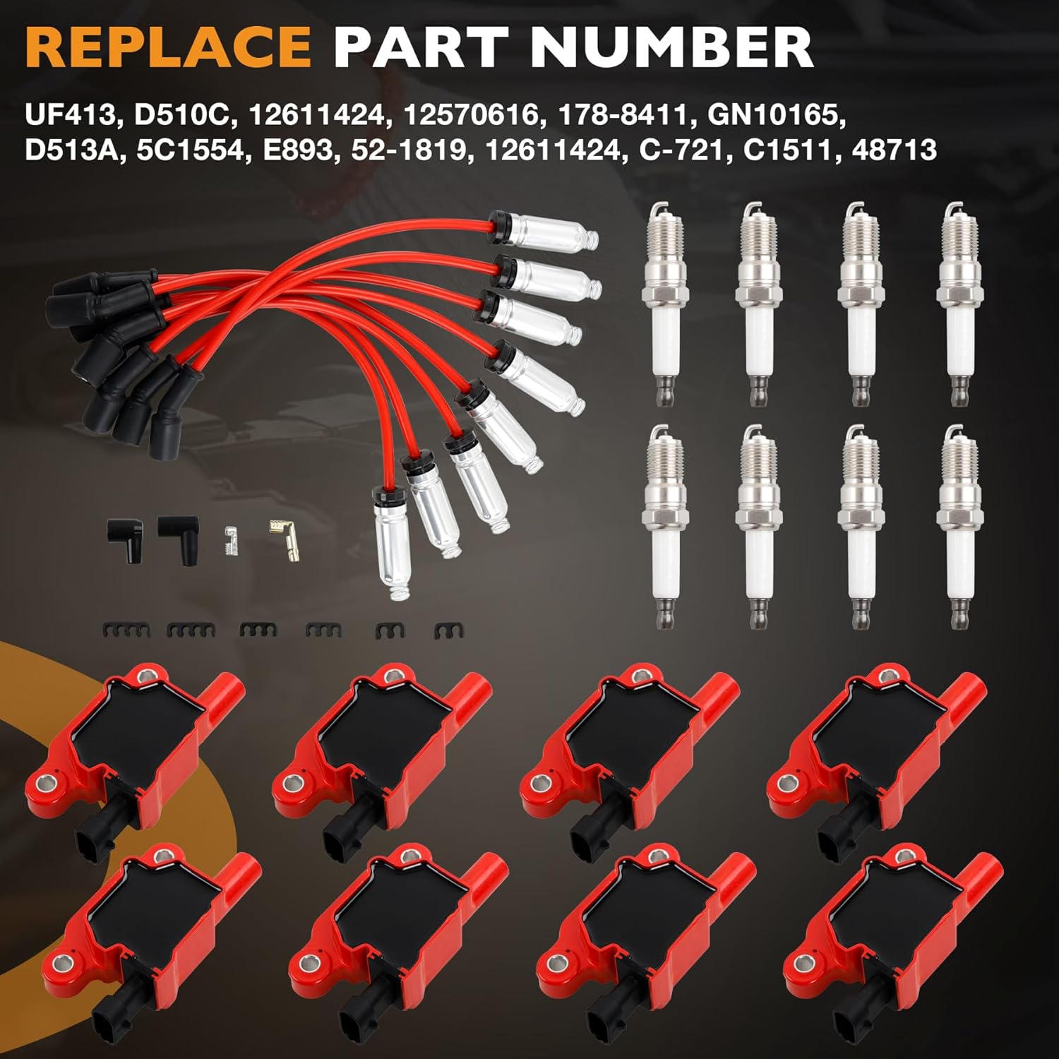 HQPASFY Square Ignition Coil UF413 & Iridium Spark Plug & Wires Set of 8 Compatible with 2005-2021 Cadillac Escalade Chevy Silverado Express 1500 2500 3500 GMC Sierra 4.8L 5.3L 6.0L Rapalce# D510C