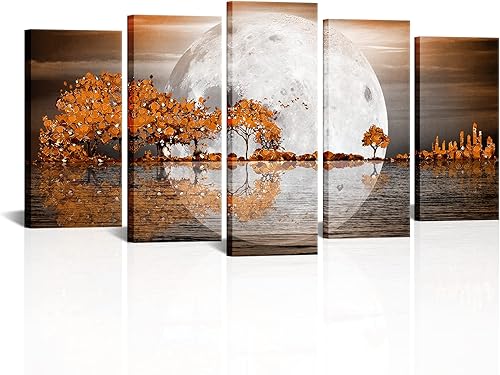 Kalormore Lienzo grande de 5 piezas de arte de pared de paisaje naranja otoño árboles de flores de luna llena paisaje marino imágenes impresiones