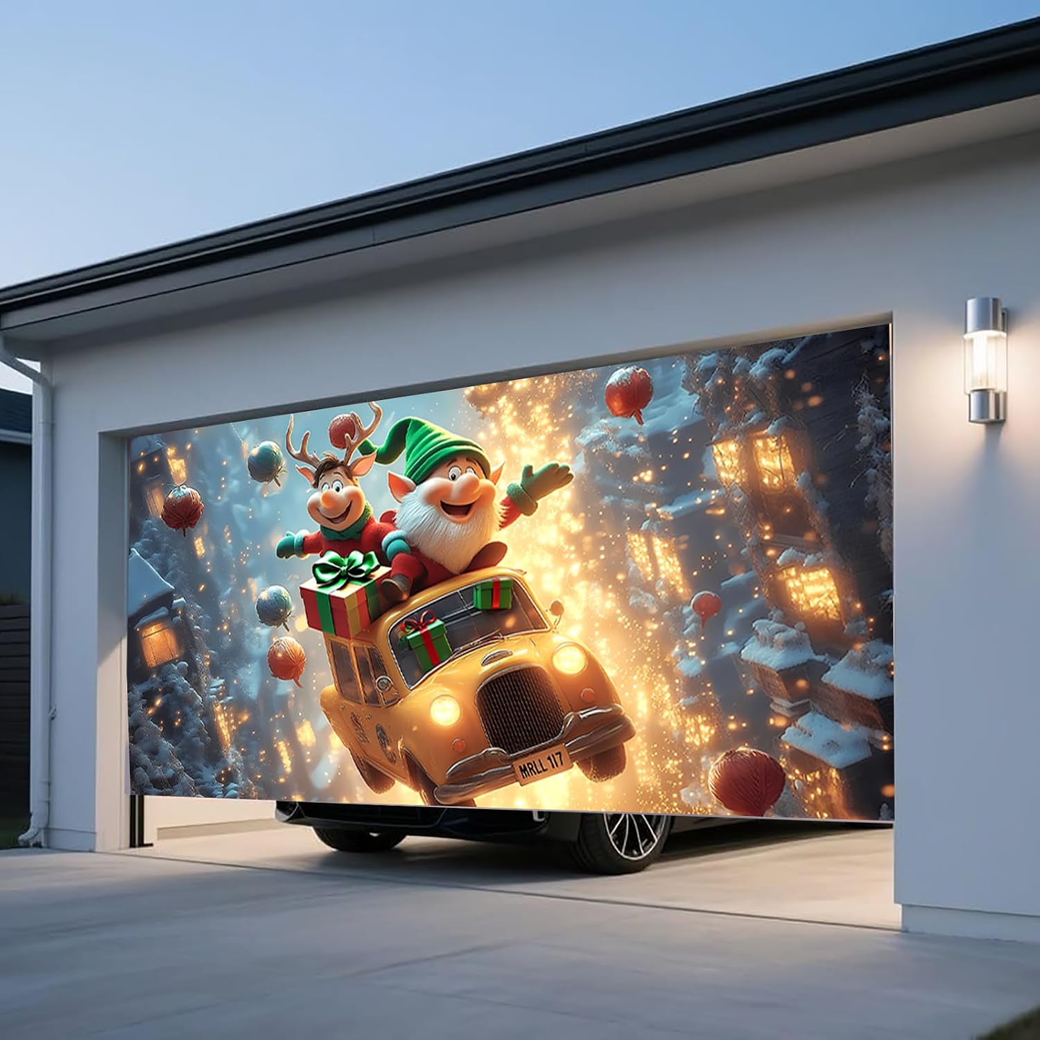 Christmas Garage Door Banner – Flying Elf & Reindeer in Festive Taxi with Gifts, UV Light-Responsive Yellow Glow, Large Outdoor Holiday Mural for Porch & Living Room,16 x 7ft/4.8 x 2.1m