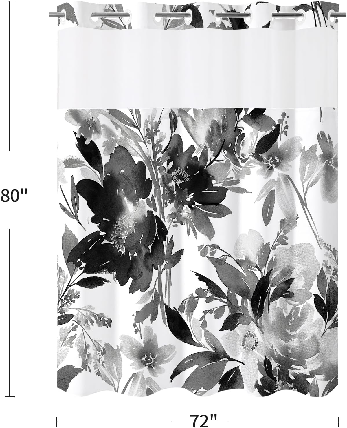 Litabel Long No Hook Black Watercolor Floral Shower Curtain and Liner Set, Flower Shower Curtains with Snap in Liner for Summer Bathroom Decor, Modern Botanical Waterproof Shower Curtain Set,72x80