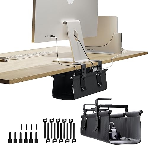 Miniatura 10 de Ascrono Bandeja de organización de cables original sin taladros debajo del escritorio, 27.3 pulgadas, organizador de cables de tela negra de alta