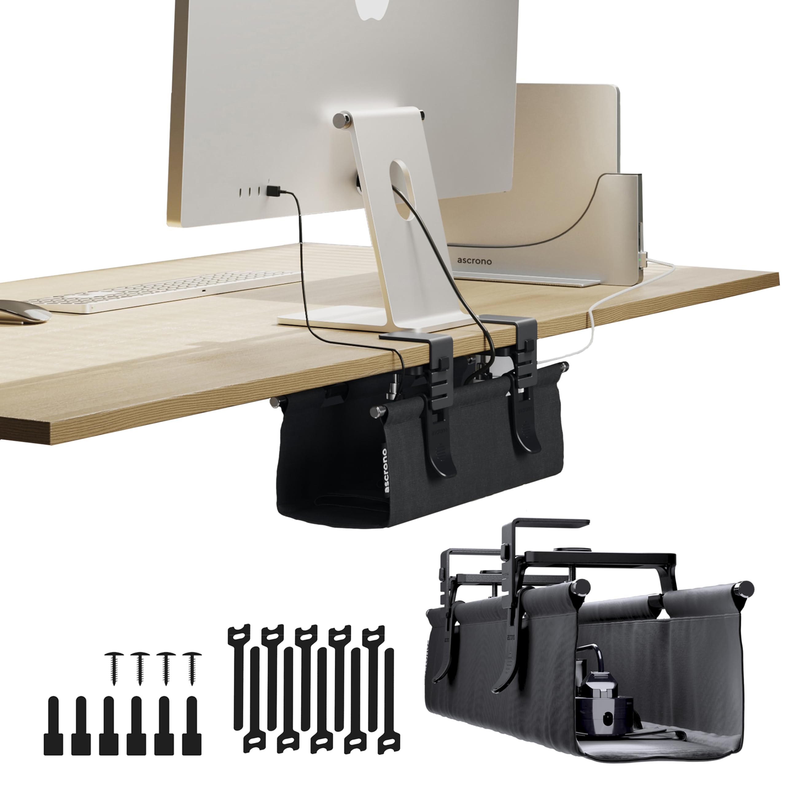 Ascrono CableCare Plateau de gestion des câbles sans perçage 35,8 cm – pour la gestion des fils de bureau – Tissu noir de qualité supérieure pour cacher les cordons – Support à pince/vis – Supporte