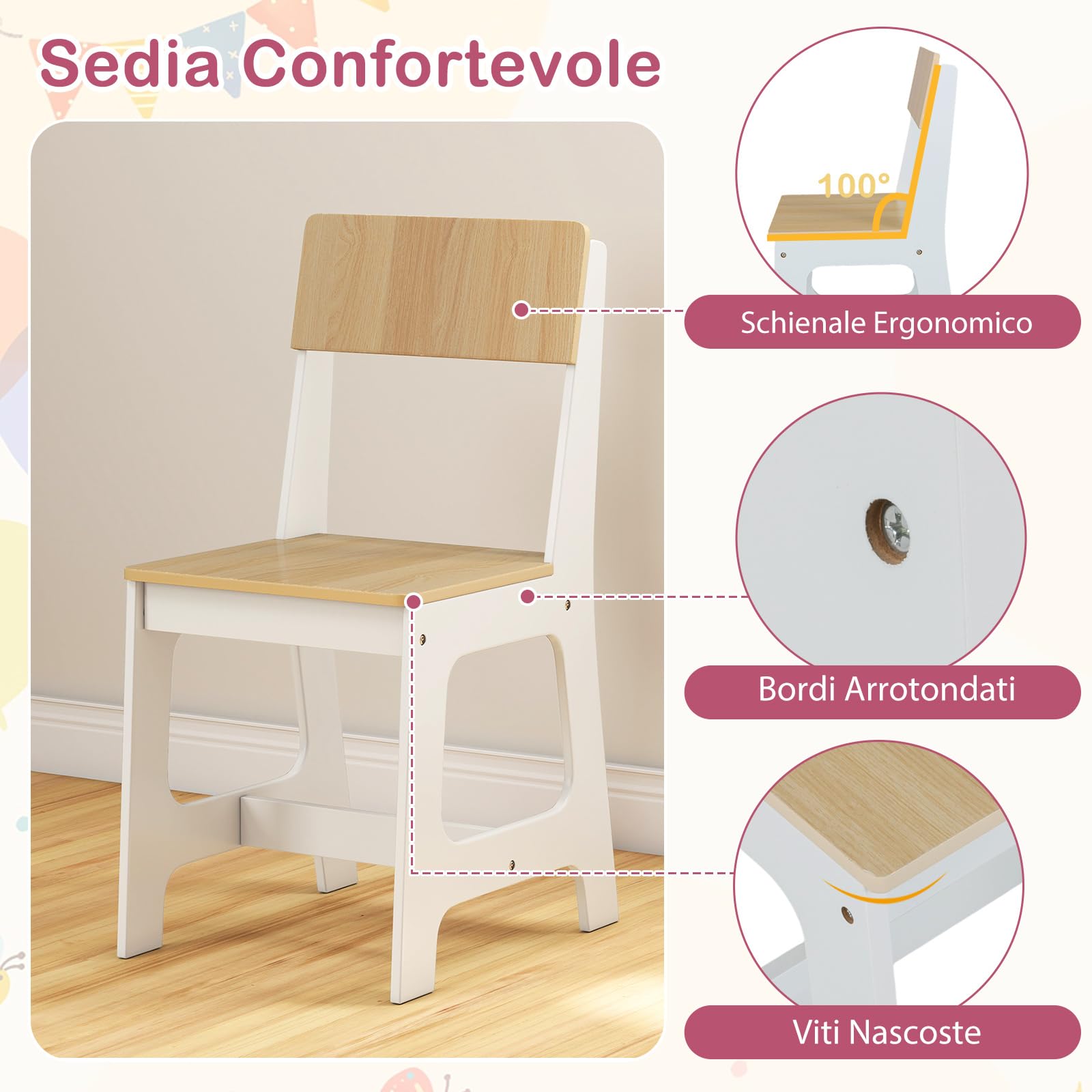 COSTWAY Set Scrivania e Sedia per Bambini 3+ Anni, Tavolo da Scrittura in Legno con Mensole, Cassetto e Bacheca in Sughero, Tavolo e Sedia per Disegno e Studio (Naturale)