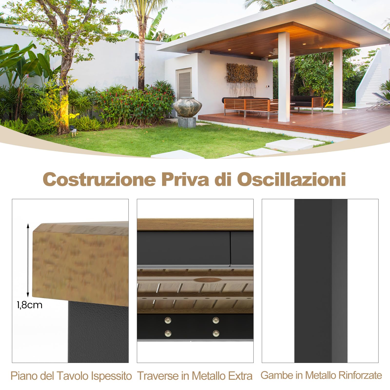 COSTWAY Tavolo da Pranzo a 8 Posti, Tavolo da Giardino 200 cm in Legno di Acacia, con Foro per Ombrellone da 5 cm, Gambe in Metallo, per Giardino, Cortile, Portata 75 kg (Modello 1)