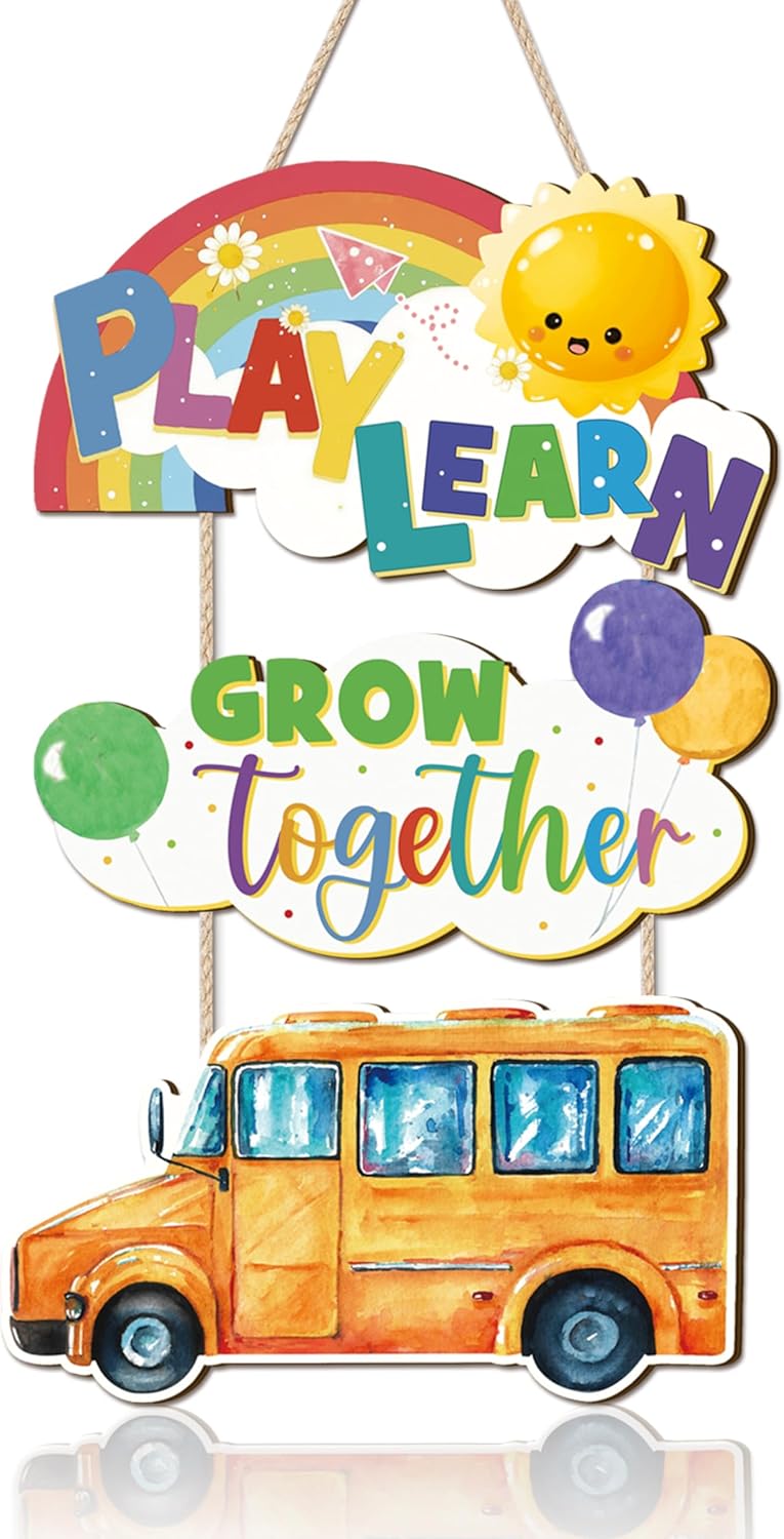Classroom Door Sign,Rainbow Wooden Hanging Sign,Play Learn Wall Decor,School Door Hanger,Sun Wooden Decor,Grow Together Wall Plaque,Inspirational Quote Decor for Porch School Classroom Playroom Yellow & White