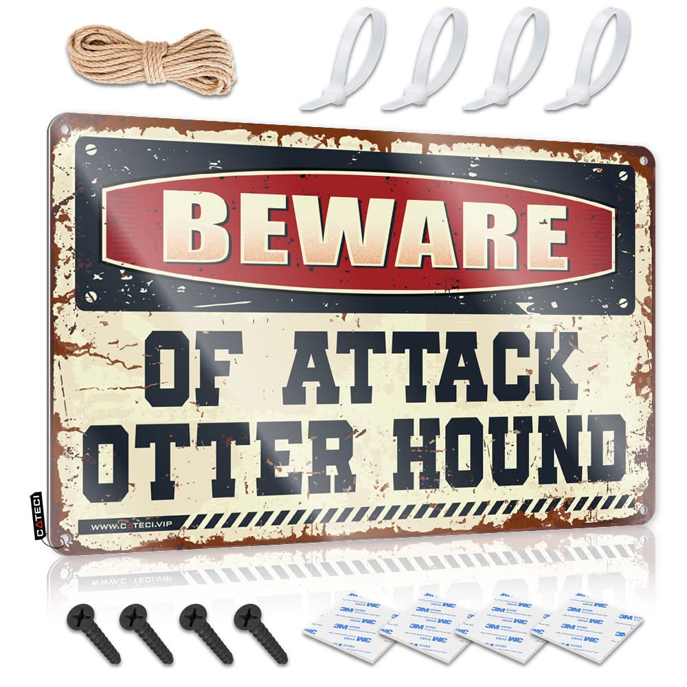 STWNVOITV Bro Cave Sign Beware Of Attack Otter Hound Tin Sign Signs For Room Vintage Funny Tin Sign(20X30CM)