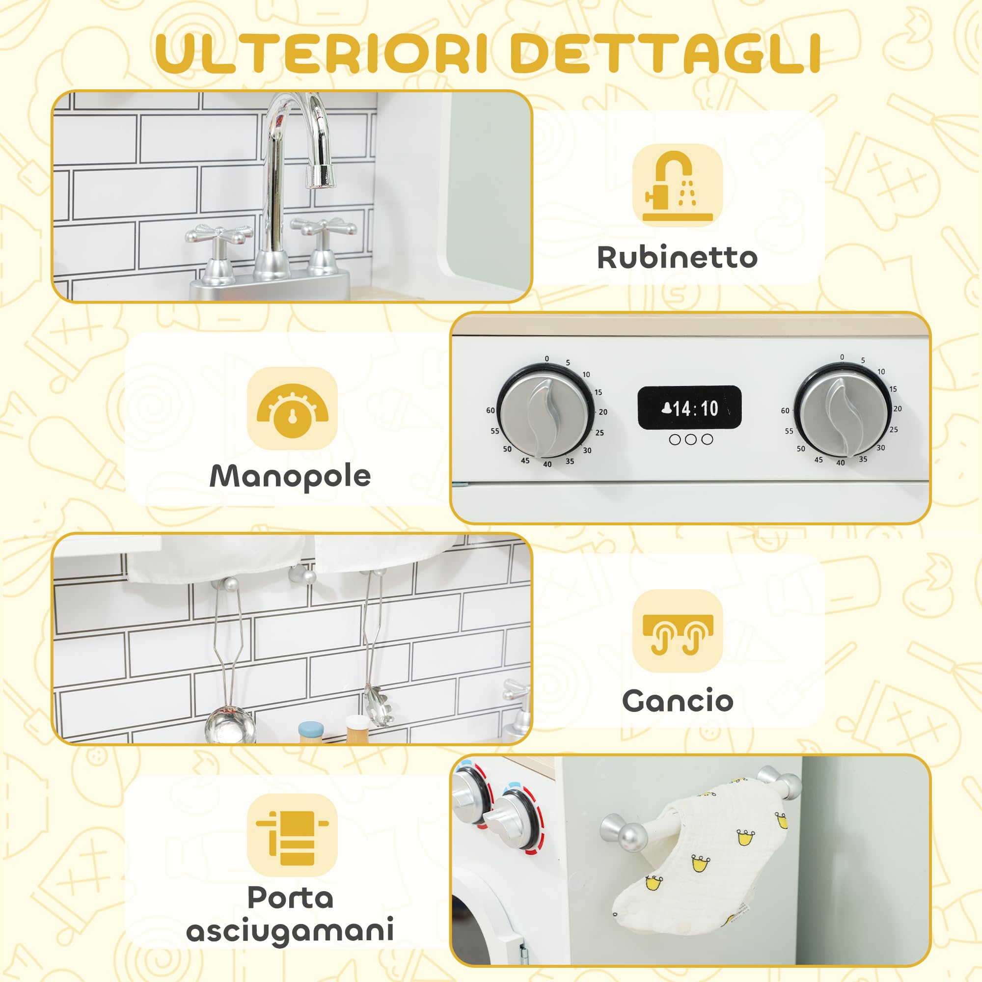 AIYAPLAY Cucina Giocattolo per Bambini da 3-6 Anni Legno Forno Bianco | Set di Accessori in Acciaio, Armadietti, Lavandino, Manopole con Suoni