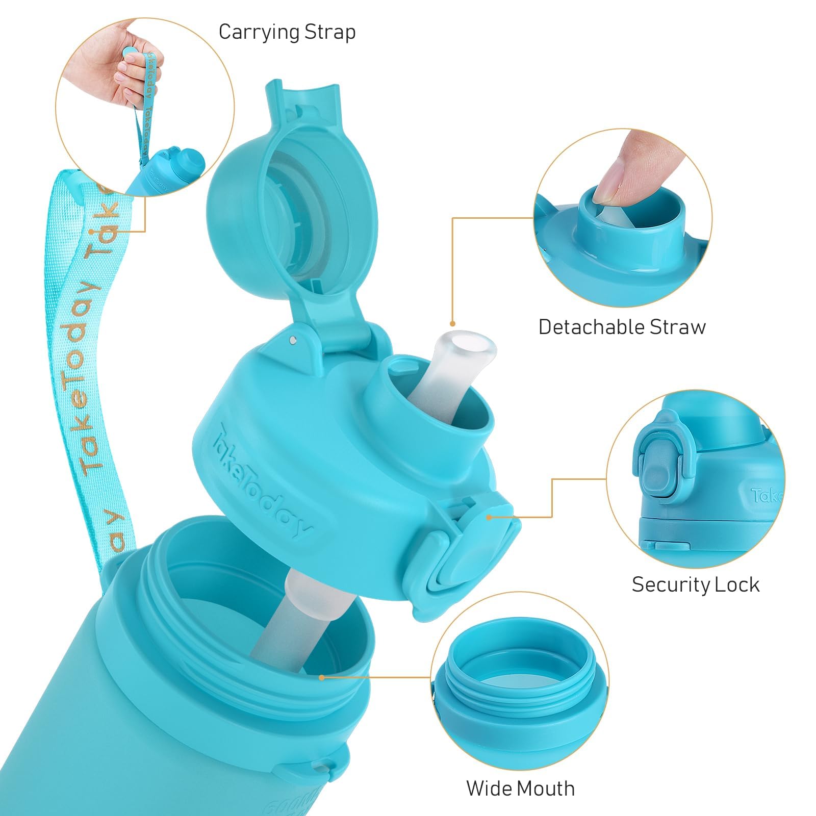TakeToday Faltbare Reise-Wasserflasche mit Strohhalm, BPA-frei, Silikon, auslaufsicher, für Wandern, internationale Reisen, Outdoor, 900 ml, Blau