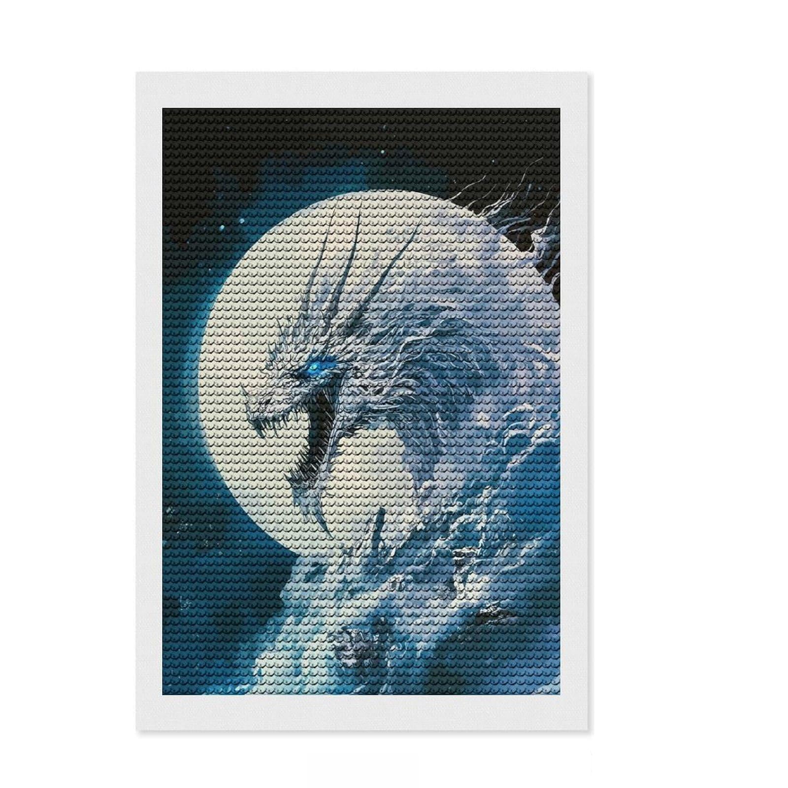 Junmoney ICY Dragon Moon Digital Art Diamond Art Canvas 8"x12", for Teens, Neat Printed Canvas, Birthday Gift, Vintage Style Decor, Finish and Display