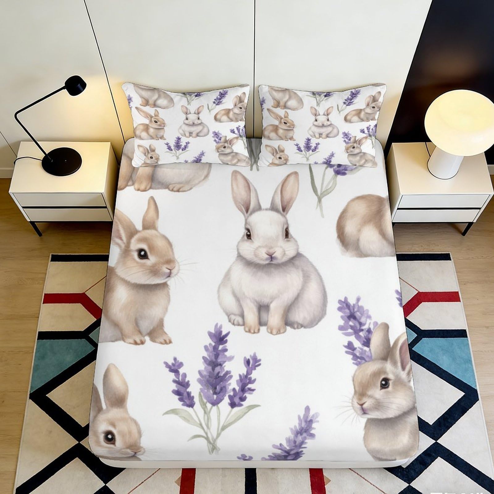 3D Printed Rabbit Lavender Fitted Sheet Microfiber Deep Pocket Bedroom Bedding Rabbit Mattress Fitted Cover Non-Slip Full Wrap Washable 200x200x25cm 90x200x25cm