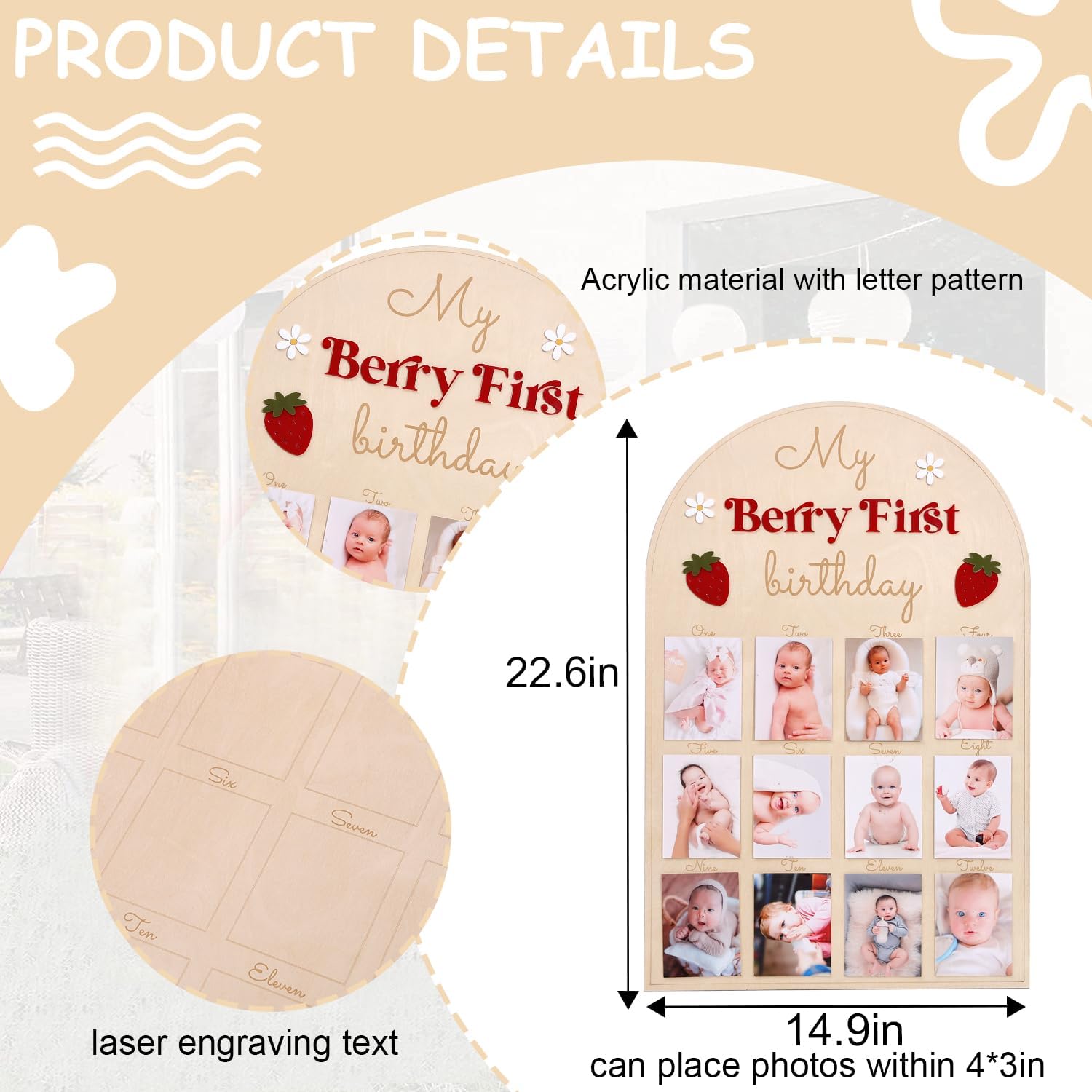My Berry First Birthday Photo Board - Wooden Monthly Milestone Picture Frame, Strawberry 1st Birthday Decorations For Girl, Personalized 12 Month Photo Display, For Nursery Wall Decorations